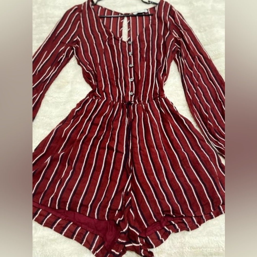Hollister Maroon and White Striped Romper